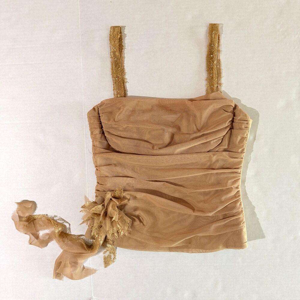 Y2K BCBGMaxAzria, Champagne Gold Tulle Corset Tank w Flower, 6 Fairycore